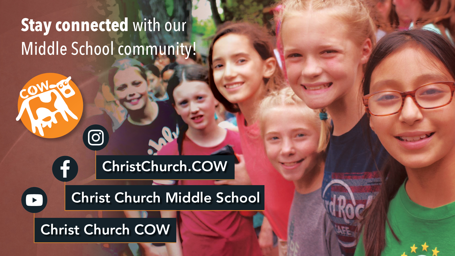 Middle School Ministry
Wednesdays | 7:00–8:45 p.m. | Oak Brook
Sundays | 9:00 & 10:45 a.m. | Oak Brook
10:00 a.m. | Butterfield
